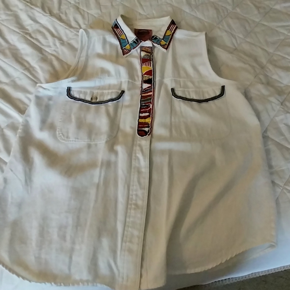 White sleeveless denim heavily beaded blouse